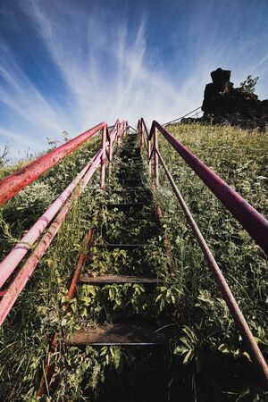 stairs of castle ruins Tolstejn Czech republic, European union.の写真素材