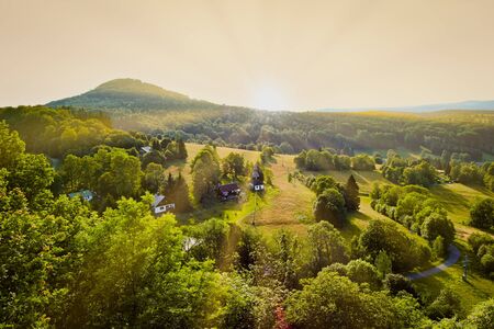Aerial view of castle ruins Tolstejn with beautiful view to Luzicke hory. Czech republic, European union.の写真素材