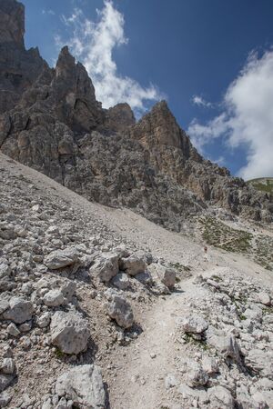Mugonis small mountain group Cima Sud South summit and Zigolade pass as seen f in the middle of Catinaccio Rosengarten massif, Dolomites, Sout Tyrol, Italyの写真素材