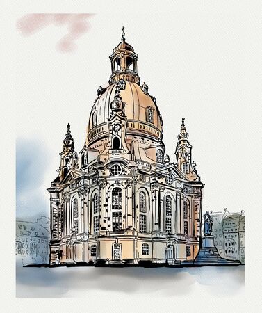 church of our lady - Dresden, Germany. Sketch of the famous church Frauenkircheの写真素材