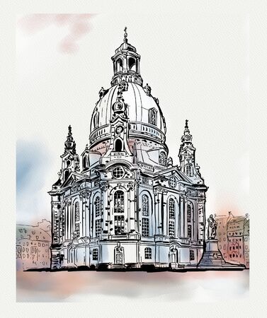 church of our lady - Dresden, Germany. Sketch of the famous church Frauenkircheの写真素材
