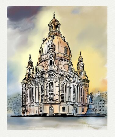 church of our lady - Dresden, Germany. Sketch of the famous church Frauenkircheの写真素材