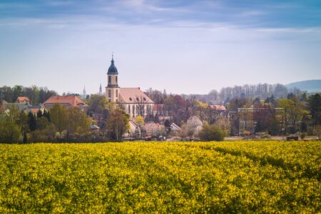 protestant church in the german village seifhennersdorf upper lusatiaの写真素材