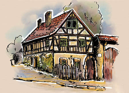 Dresden, old farmhouse in Pieschen watercolor illustrationの写真素材