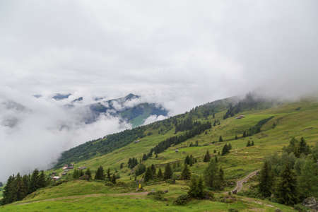 View of snow-covered mountains of a valley of Zillertal - Mayrhofen, Austria (black and white)の写真素材