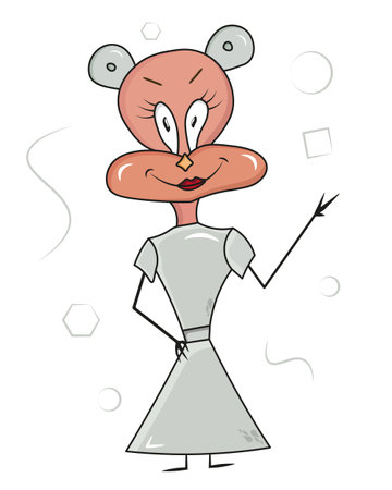 fashionable, beautiful and funny dog mom in doodle style on a white background in a blue dressのイラスト素材