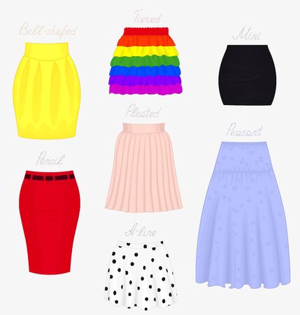 Set of different styles of skirts isolated on white backgroundのイラスト素材