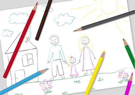 Coloured pencils scattered on a drawing of a young childのイラスト素材