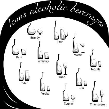 Set of conceptual icons bottles with alcohol and glassesのイラスト素材