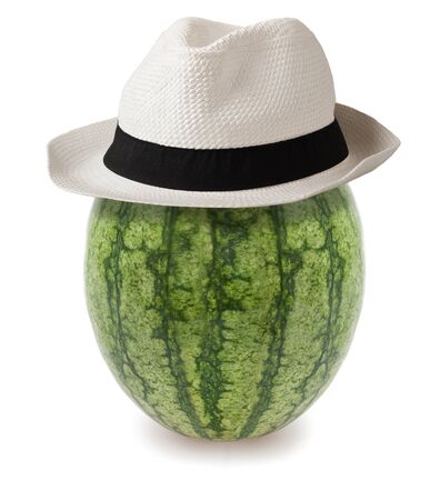 watermelon whit hat isolated on whiteの写真素材