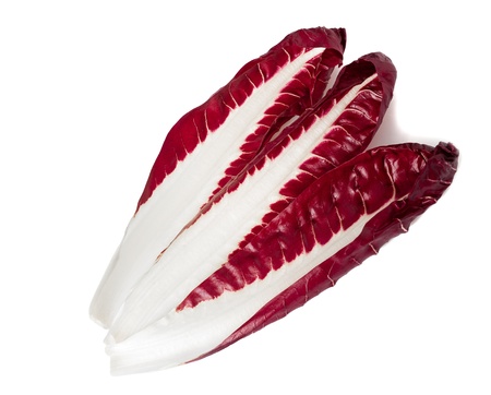 red chicory leaves isolated on whiteの写真素材