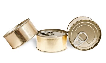 Pile of cans of conserved food over white backgroundの写真素材