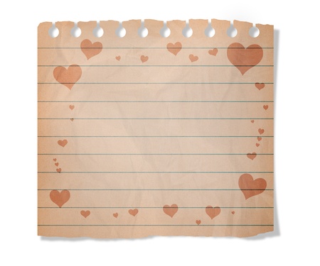 Piece of old  paper with hearts  isolated on whiteの写真素材
