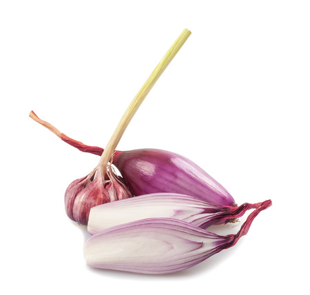Red garlic and onions isolated on whiteの写真素材