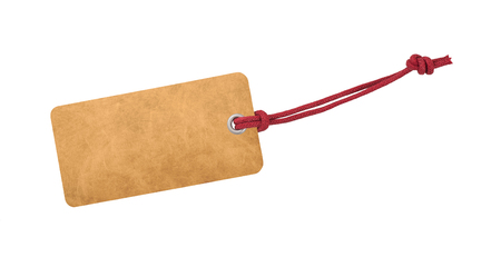 Etiquette with red ribbon isolated on whiteの写真素材