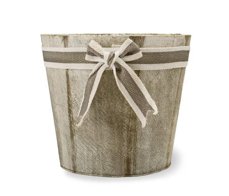 wood flowerpot with ribbon isolated on whiteの写真素材