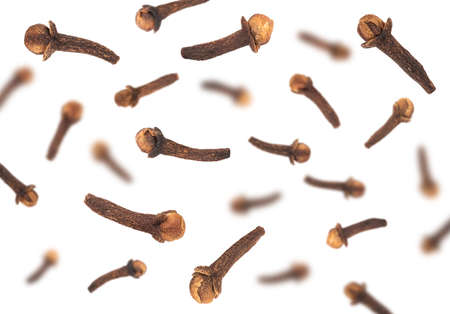 Falling Cloves isolated on white backgroundの写真素材