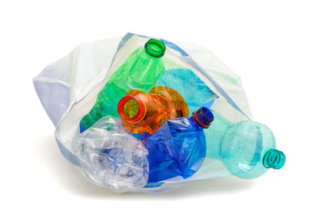 Recycling bag with plastic bottles isolated on whiteの写真素材
