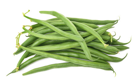 Green beans group isolated on white backgroundの写真素材