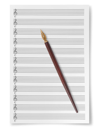 Blank Sheet Music Composition Manuscript Staff with dip pen  isolated on  white backgroundの写真素材