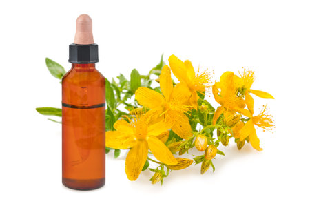St. John's wort flowers with essence bottle isolated on white backgroundの写真素材