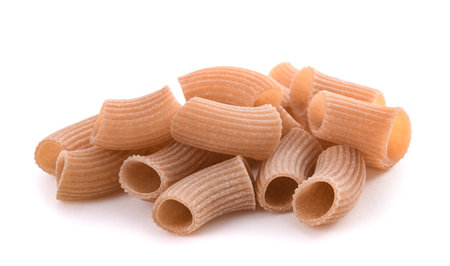 Mezze maniche  pasta  isolated on white backgroundの写真素材