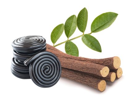 Licorice branch Wheels and roots isolated on white backgroundの写真素材