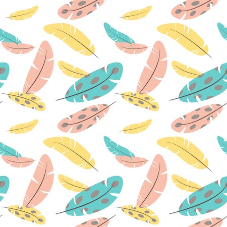Vector seamless pattern of falling feathers. Yellow, pink and light blue feathers dancing in the wind. Textile or paper designのイラスト素材