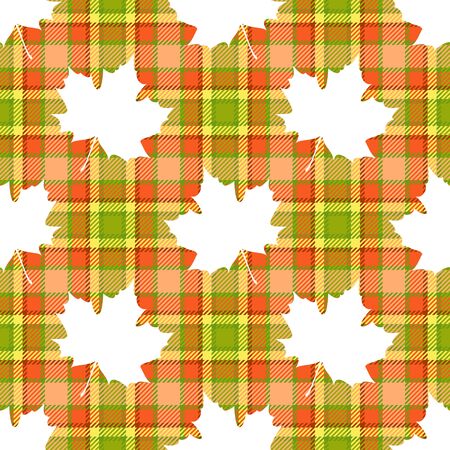 Autumn seamless pattern of maple (acer platanoides) leaves white silhouettes on checkered tartan plaid textile background of red, green, yellow, orange and pink colorsのイラスト素材