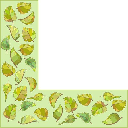Corner border of decorative yellow-green autumn leaves on light green background. Hand drawn floral designのイラスト素材