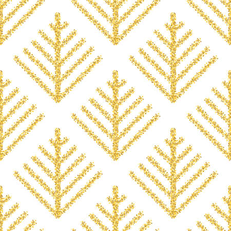 Abstract geometric seamless pattern of golden glittering trees on white background. Simple classic ornamentのイラスト素材