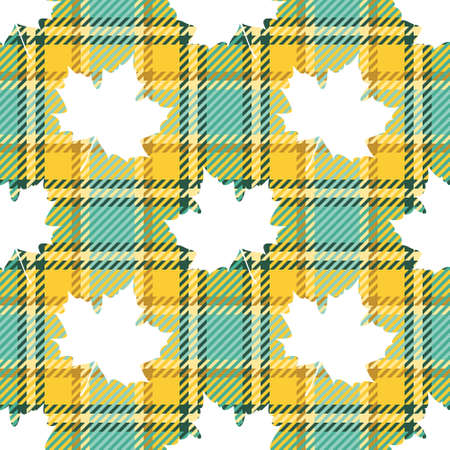 Autumn seamless pattern of maple leaves white silhouettes on checkered tartan plaid textile...