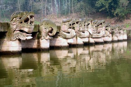Pontine Liuzhou is located in Luding County, Sichuan Province, was built in AD 1378 - 1398. Bridge 5 meters high, 54 meters long, 1.9 meters wide, pier followed by carving of dragons, lions, elephants, unicorn mascot.の写真素材