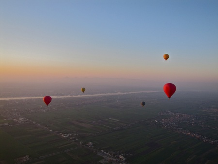 Hot air balloons over the Nile at sunriseの写真素材