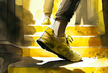 Illustration of a man's legs in sneakers walking up the stairsの素材