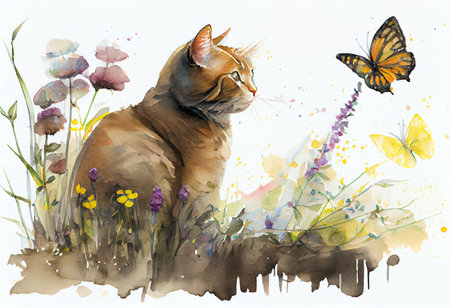 Watercolor illustration of a cat on a meadow with flowers and butterfliesの素材