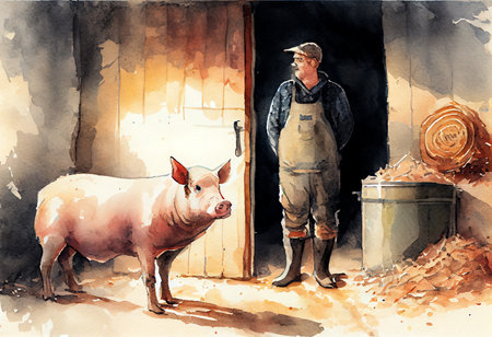 Watercolor illustration of a farmer with a pig in his barn.の素材