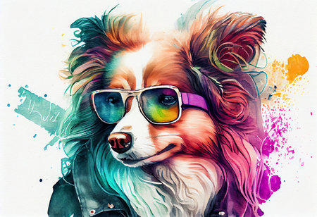 Portrait of a dog with glasses. Hand-drawn illustration.の素材