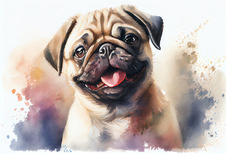 Watercolor painting of a pug dog. Digital art painting.の素材
