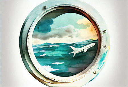 Porthole of an old aircraft with a view of the seaの素材