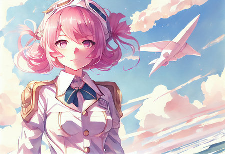 Beautiful girl in pilot costume on the background of the sky.の素材
