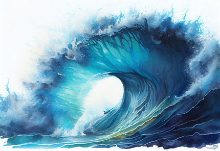 Blue ocean wave with surfer on it. Watercolor illustration.の素材
