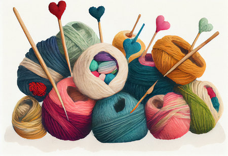 colorful wool yarns with knitting needles and hearts on white backgroundの素材
