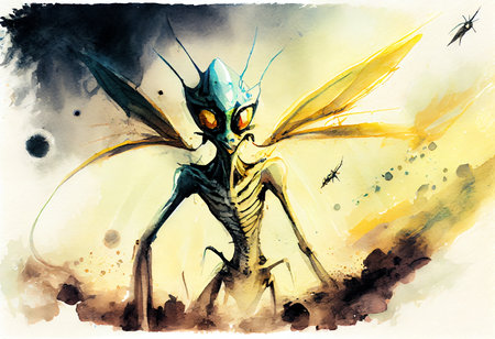 Dragonfly. Digital watercolor painting on paper. Illustration.の素材