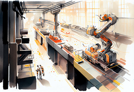 Illustration of a conveyor belt in a factory with workers.の素材