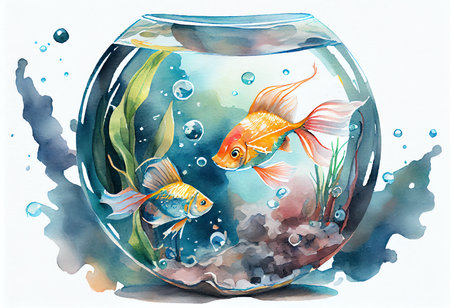 Watercolor illustration of a goldfish in a fishbowl. Aquariumの素材