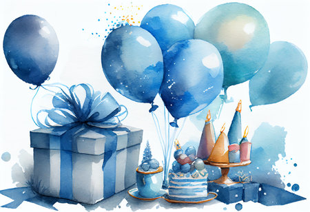Birthday greeting card with gift box, cake and balloons. Watercolor paintingの素材