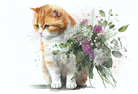 Watercolor illustration of a cat with a bouquet of flowers.の素材