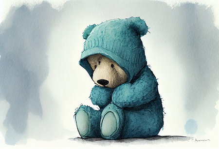 Hand drawn watercolor illustration of a cute teddy bear in winter clothesの素材