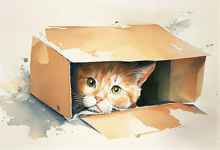 Cute cat peeking out of a box. Watercolor paintingの素材